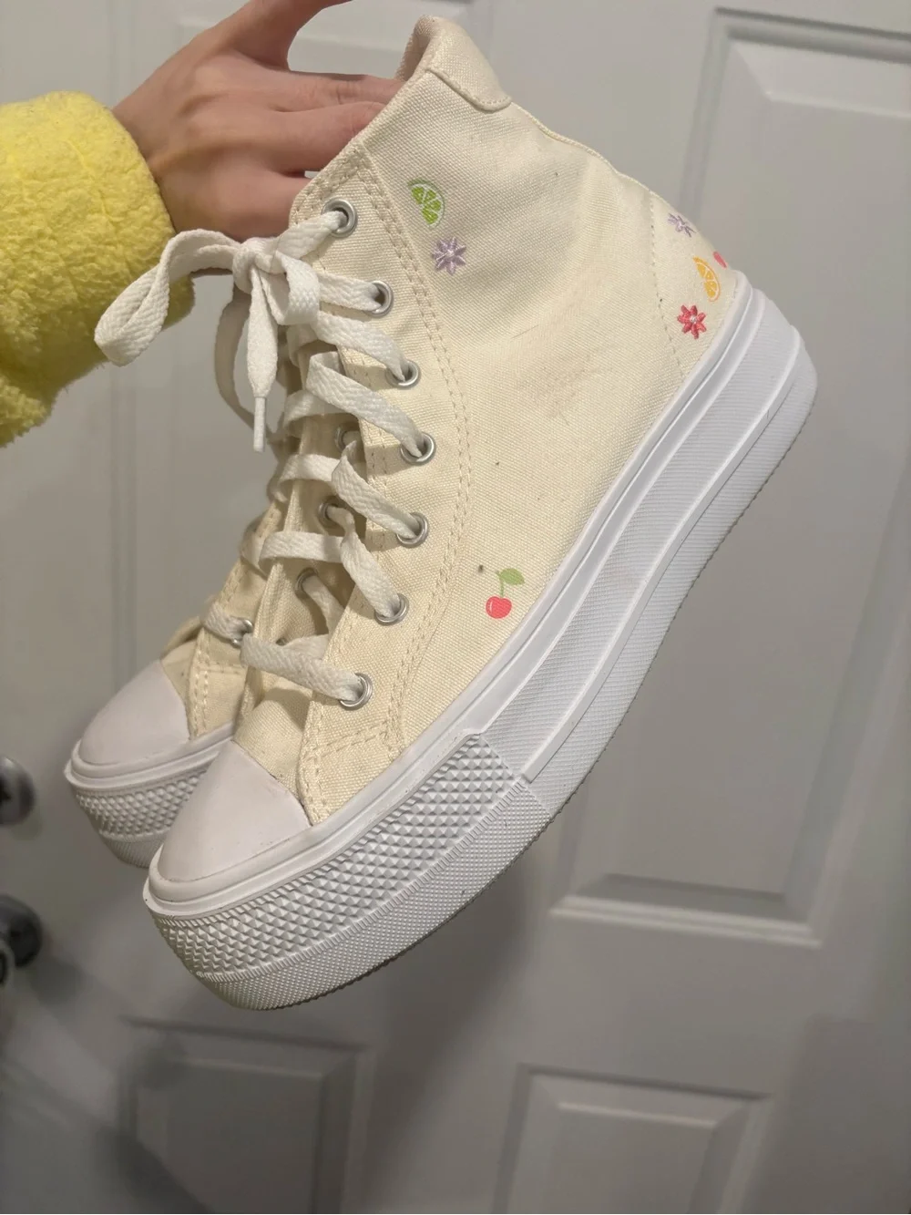 Converse Cream High-Top Sneakers with Tiny Fruit Embroidery